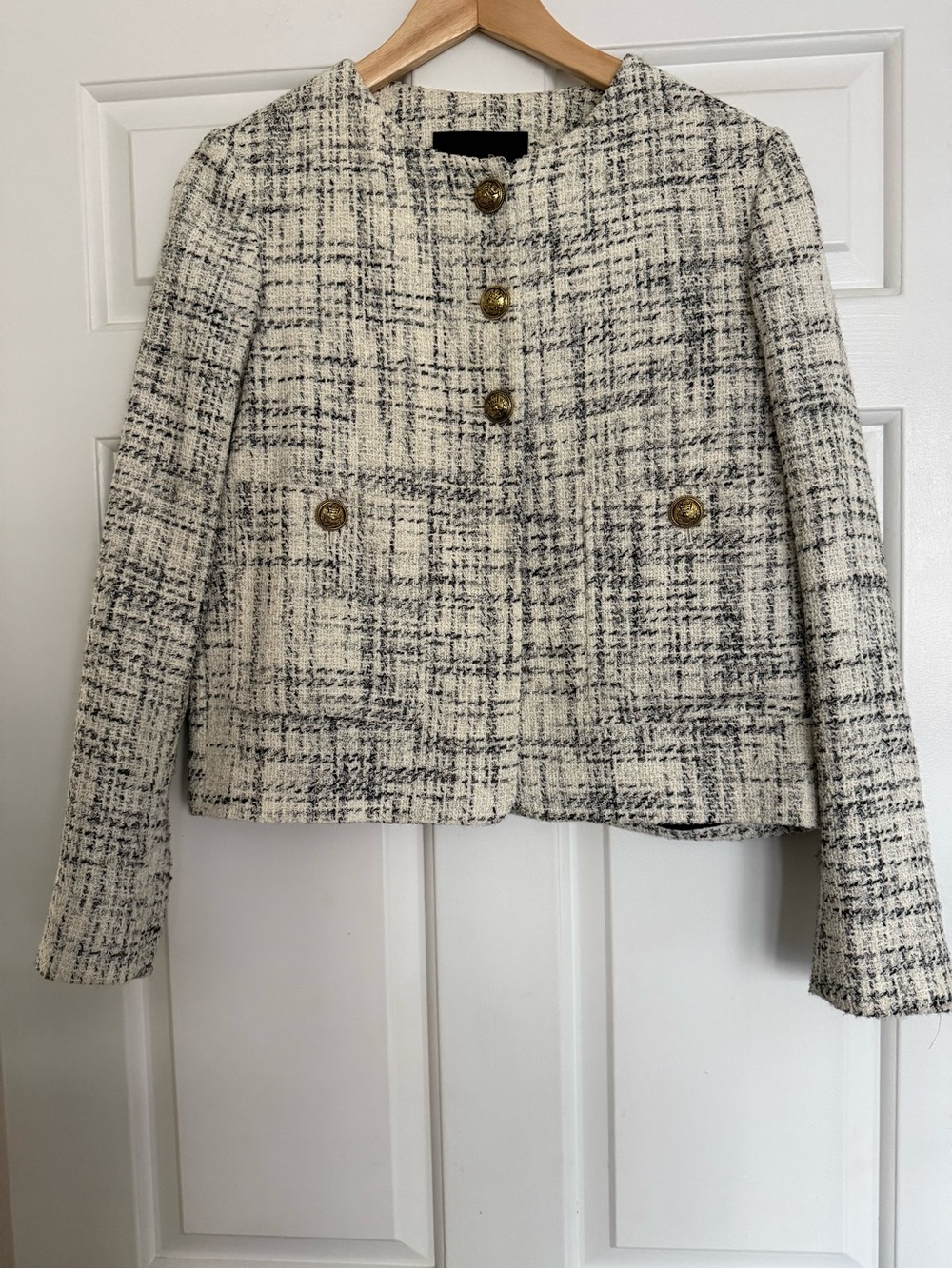 Massimo Dutti Cream and Black Tweed Blazer with Gold Buttons